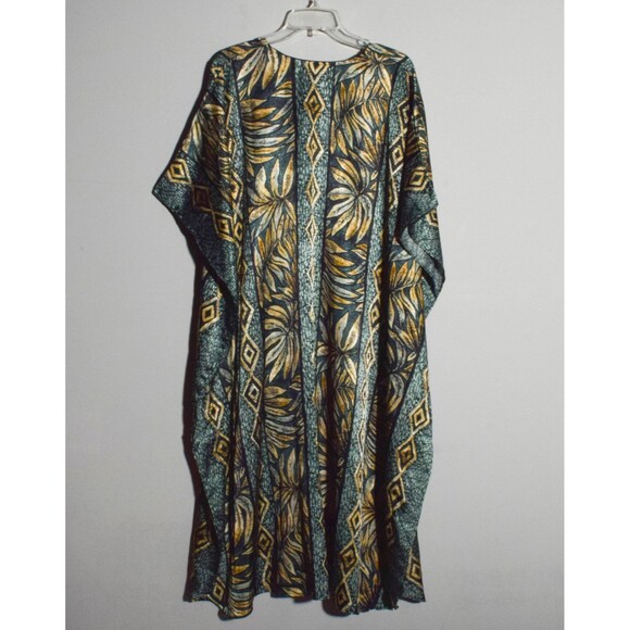 Winlar Kaftan Dark Teal Green Gold Black Geometric Leaves Muumuu One Size - Picture 2 of 3